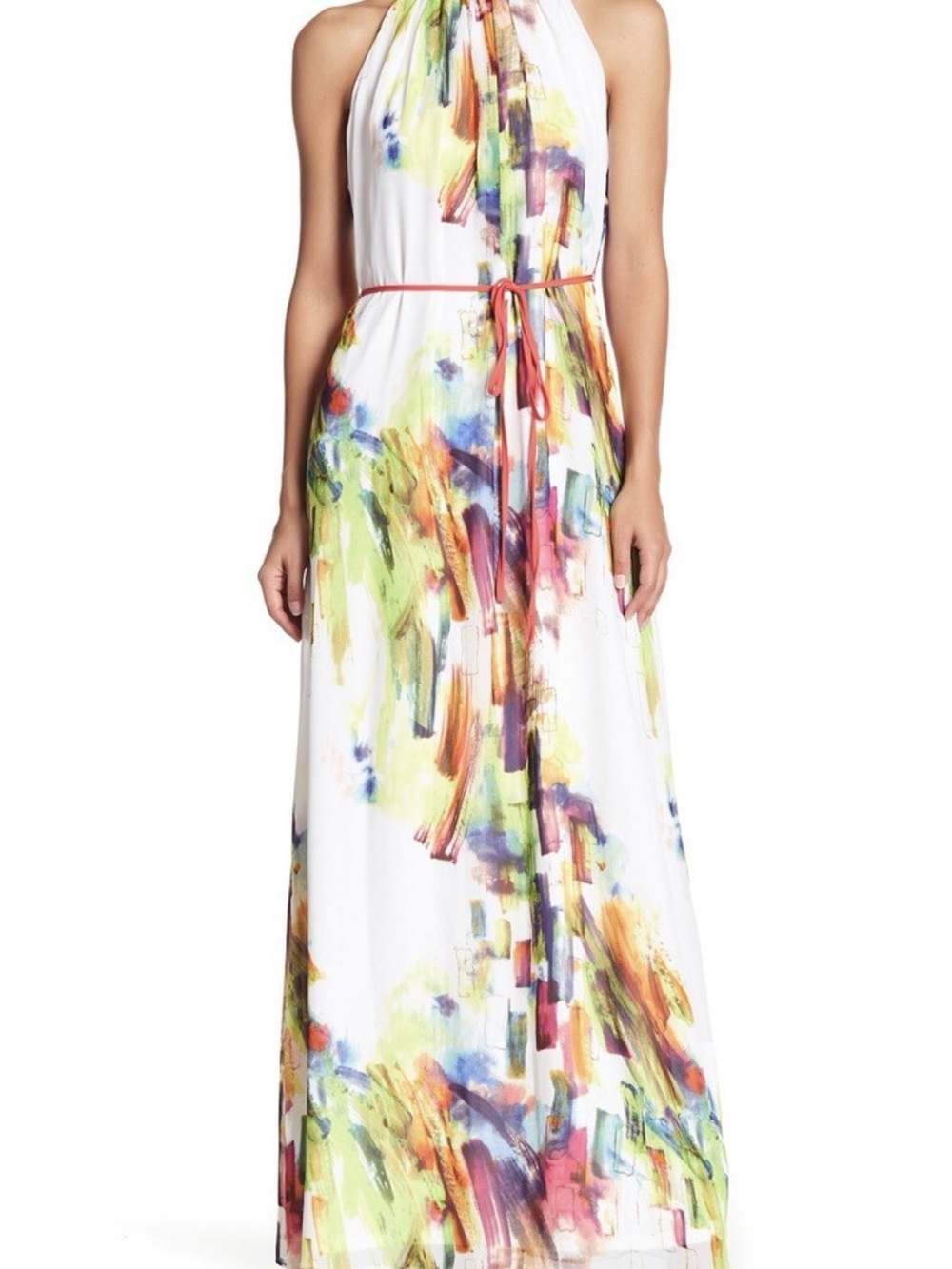 Be by Chetta B Watercolor Abstract Halter Maxi Dress with Crimson Trim | Size 16